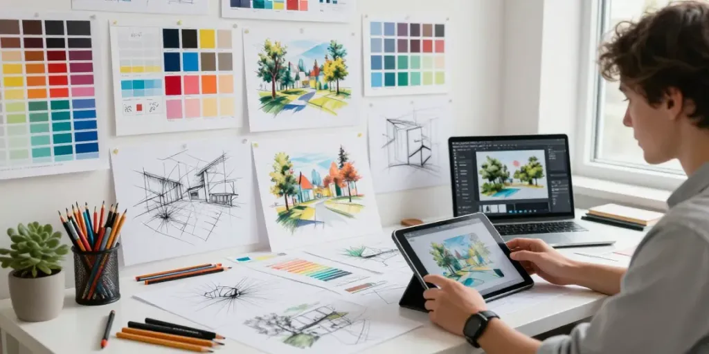 Rokok88 design assignment mentor guiding the creative process in an inspiring studio.